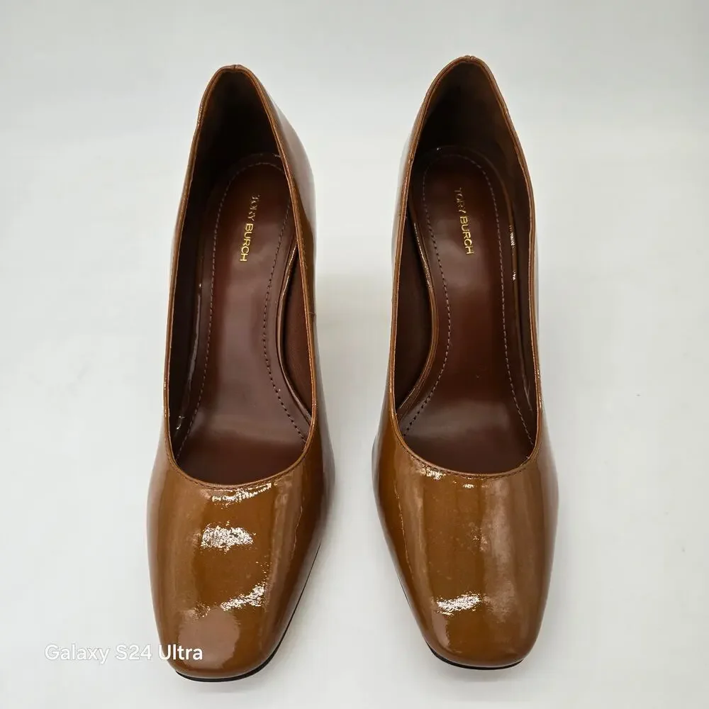 Tory Burch Banana Heel Pump Brown Caramel Patent Leather Curved Heel Women's 9M